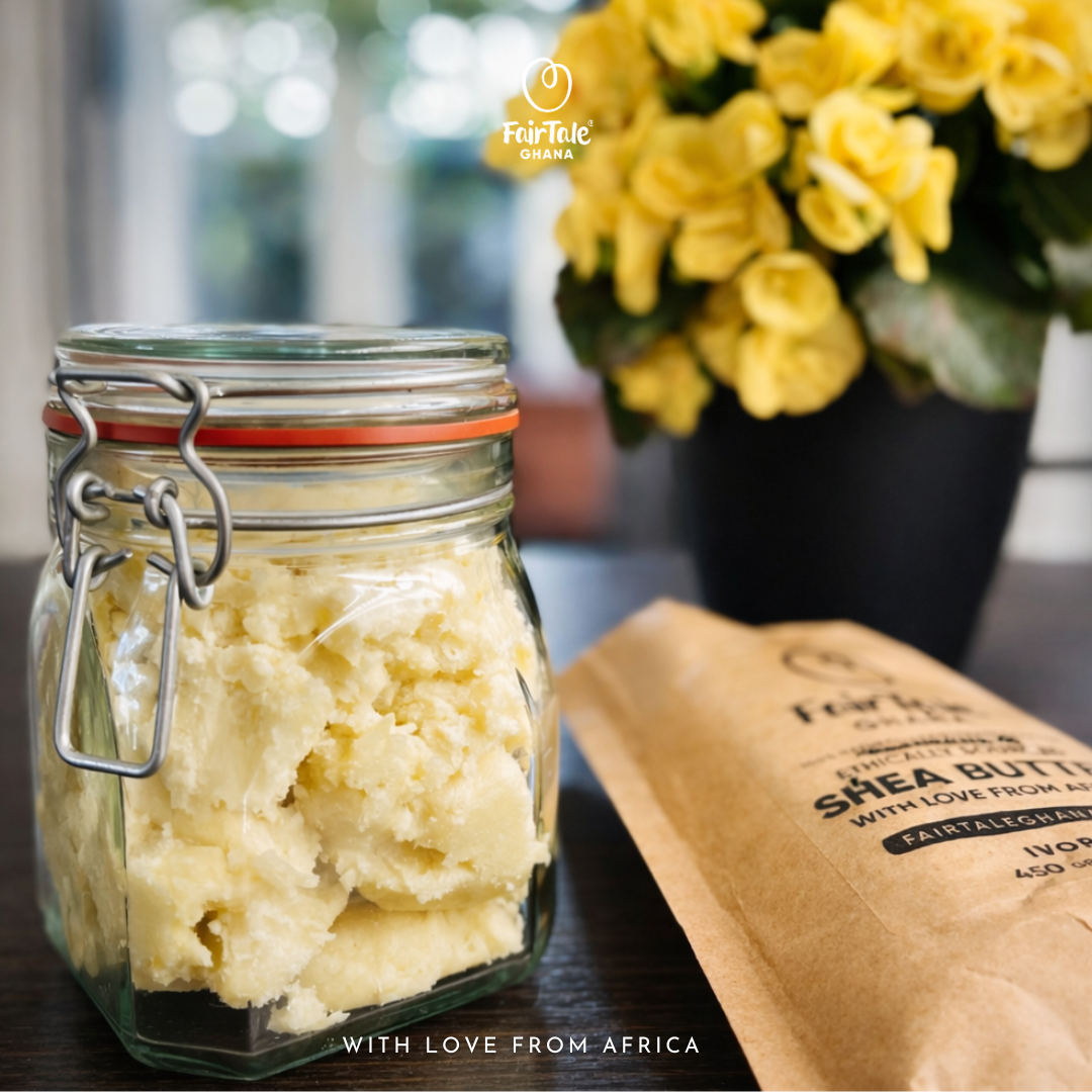 Raw unrefined shea butter from Ghana stored in a glass jar — FairTale GHANA