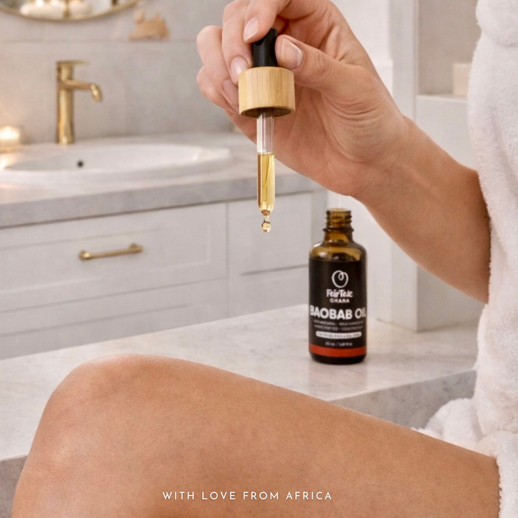 Woman in a bathrobe using a FairTale GHANA Baobab oil dropper in a bathroom