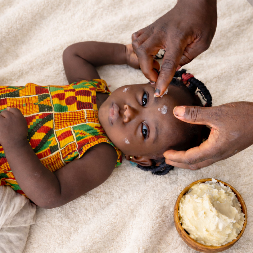 Baby's skin being gently moisturized with FairTale GHANA raw Shea butter, lifestyle photo.