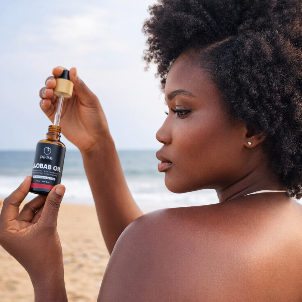 Graphic showing FairTale GHANA Baobab oil used as a skin and face oil.