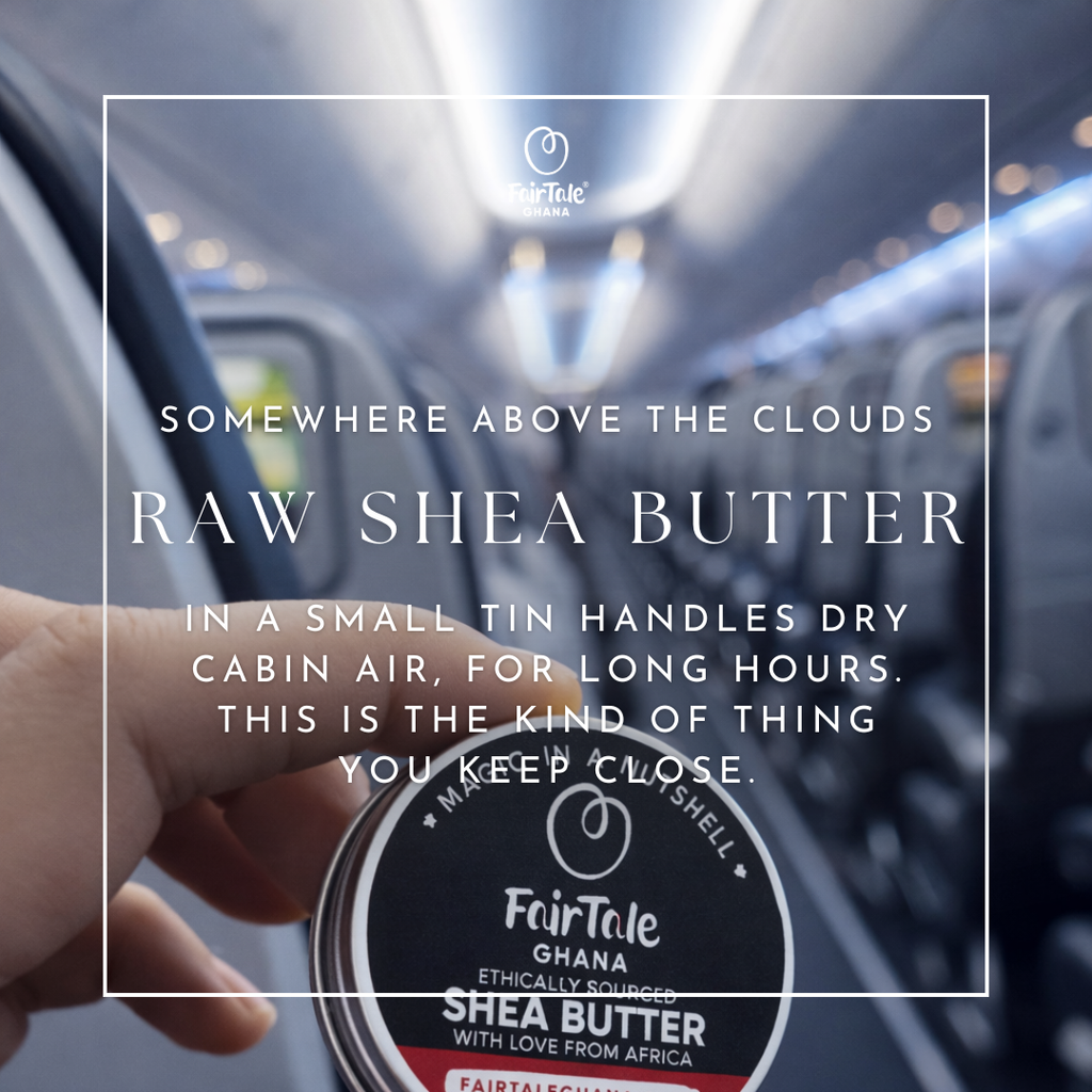 Graphic showing FairTale GHANA raw Shea butter for dry skin care.