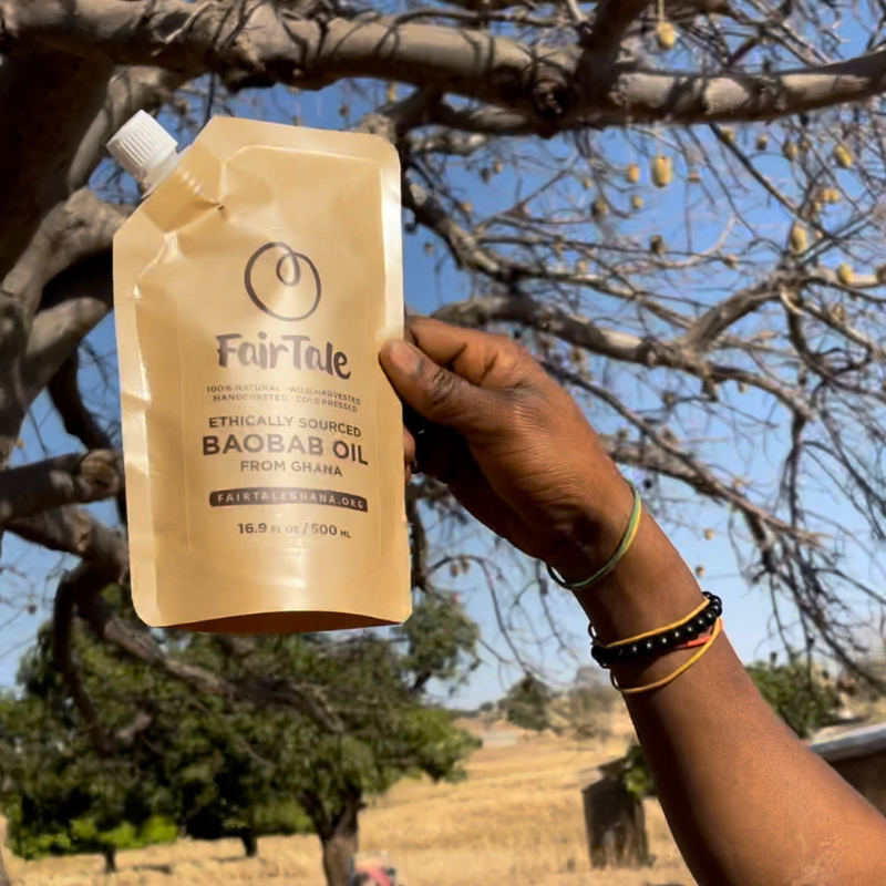 Graphic on FairTale GHANA Baobab oil for dry skin care.