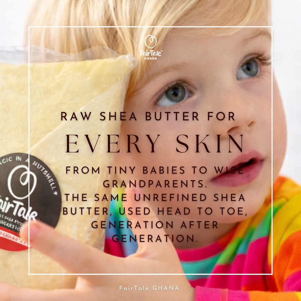 Graphic stating FairTale GHANA raw Shea butter suits every skin type.