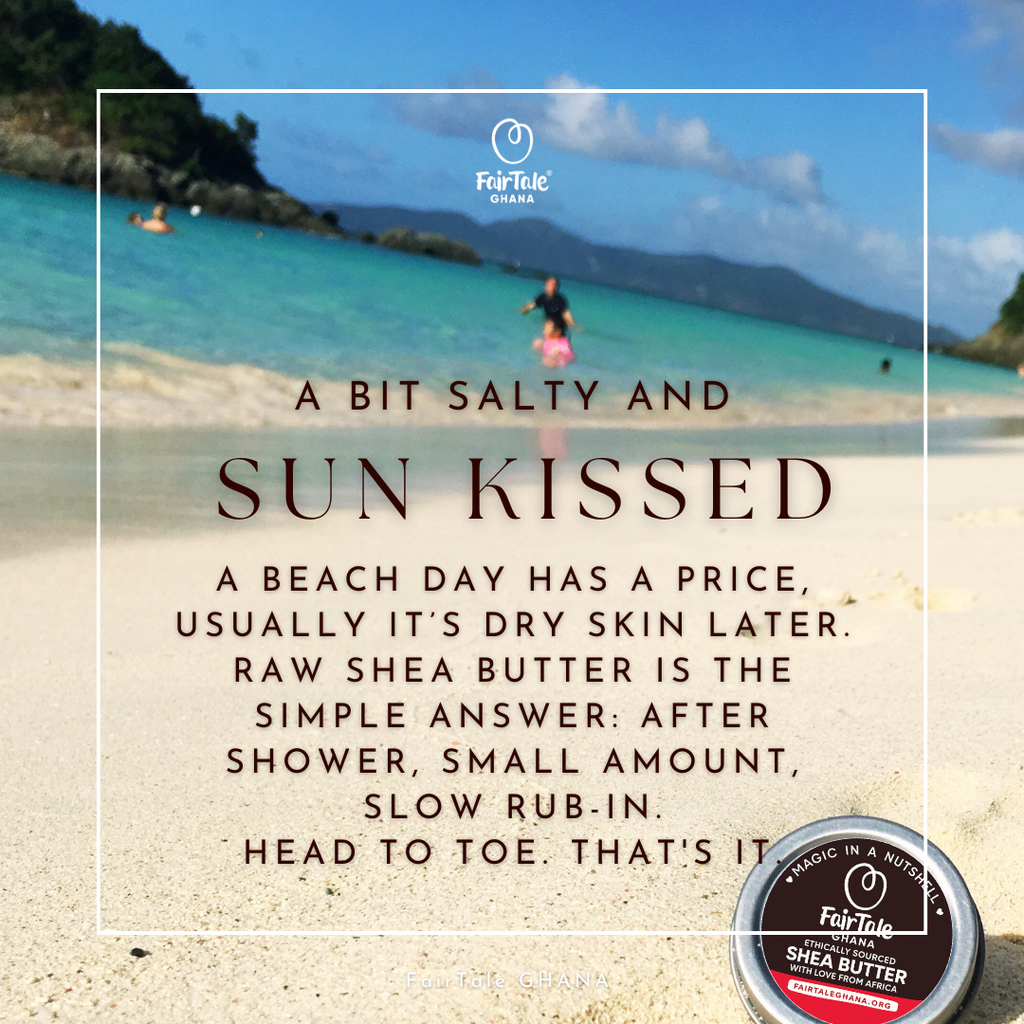 Graphic banner titled 'Sun-Kissed' promoting FairTale GHANA raw Shea butter.