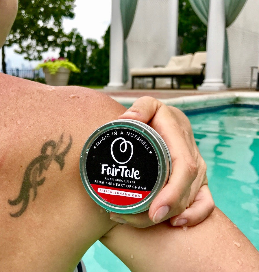 Graphic showing FairTale GHANA Shea butter used for tattoo aftercare.