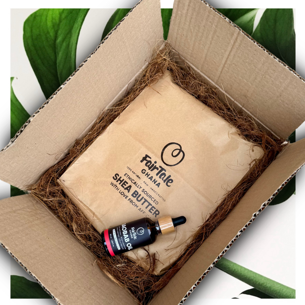 FairTale GHANA bulk Shea butter 4.5 kg and Baobab oil 50 ml set, product photo.