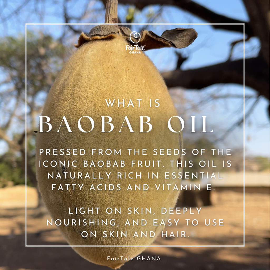 Educational graphic explaining what Baobab oil is, by FairTale GHANA.