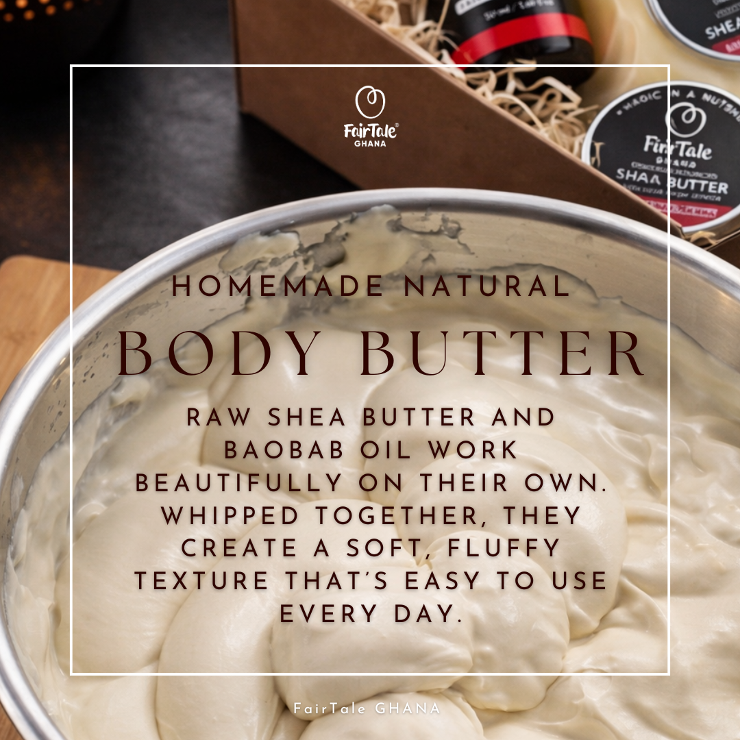 Graphic showing whipped FairTale GHANA Shea body butter texture.