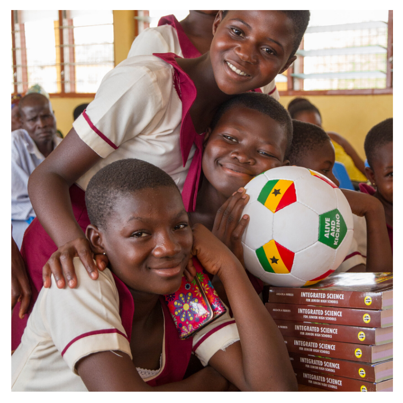 Close-up photo of the FairTale GHANA soccer ball charity add-on.